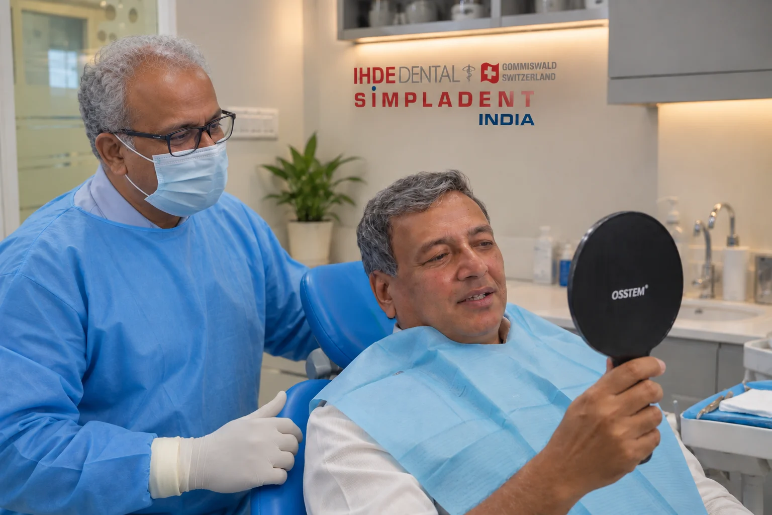 Patient admiring fixed teeth in mirror with Dr. Vivek Gaur